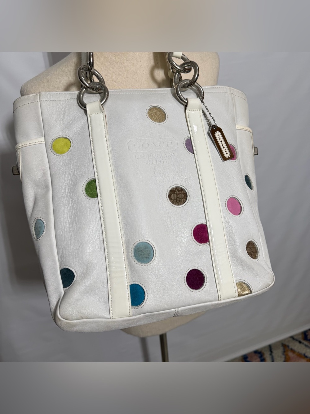 Coach β’ 9763 White Leather Multicolor Polka Dot Gallery Tote Shoulder Bag Y2K - Picture 10 of 16